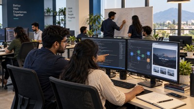 Engineering team reviewing an enterprise system architecture